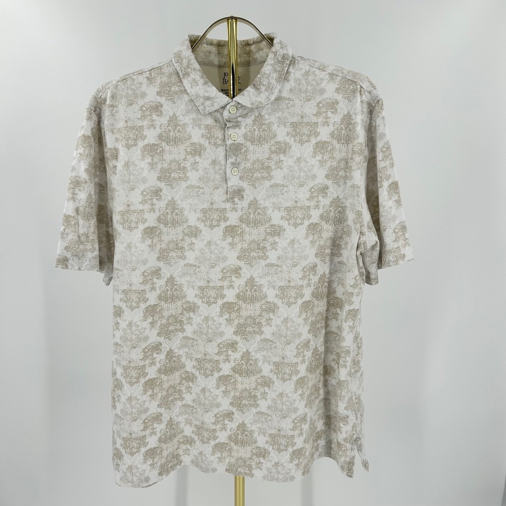 Jos. A. Bank Mens Large Polo Shirt Tan White Damask Print Cotton Traditional Fit